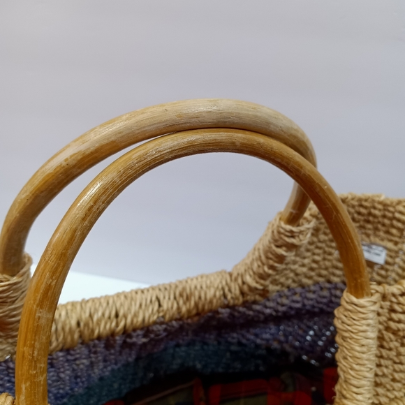 Natural Fiber Vintage Handmade Rope Tote Blue/Tan Stripes with Wooden Handles - Picture 6 of 10